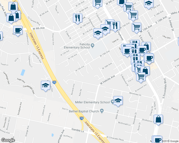 map of restaurants, bars, coffee shops, grocery stores, and more near 1542 South Upas Street in Escondido