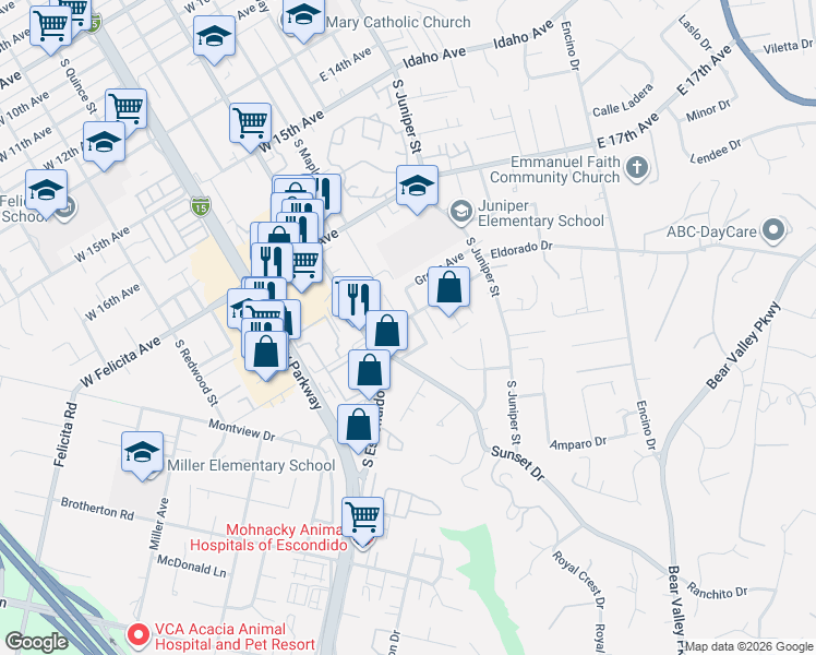 map of restaurants, bars, coffee shops, grocery stores, and more near 137 West Vermont Avenue in Escondido
