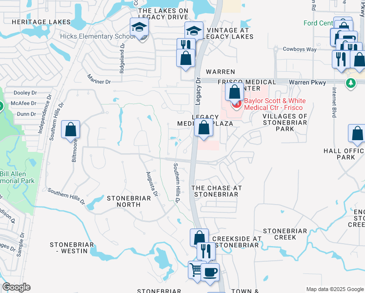 map of restaurants, bars, coffee shops, grocery stores, and more near 2349 Briar Court in Frisco