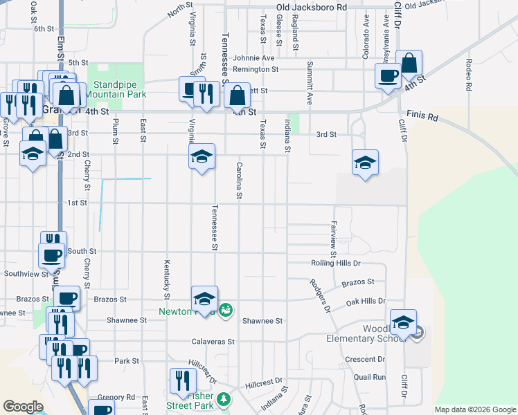 map of restaurants, bars, coffee shops, grocery stores, and more near 800 Texas Street in Graham