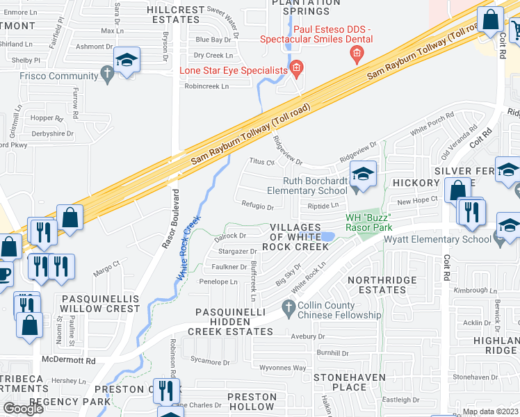 map of restaurants, bars, coffee shops, grocery stores, and more near 4544 Refugio Drive in Plano