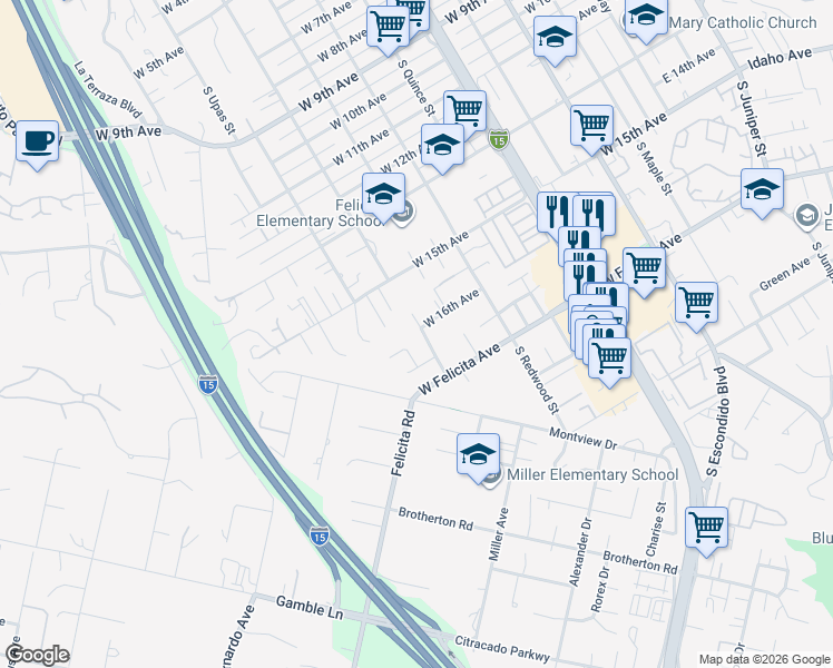 map of restaurants, bars, coffee shops, grocery stores, and more near 1603 South Tulip Street in Escondido