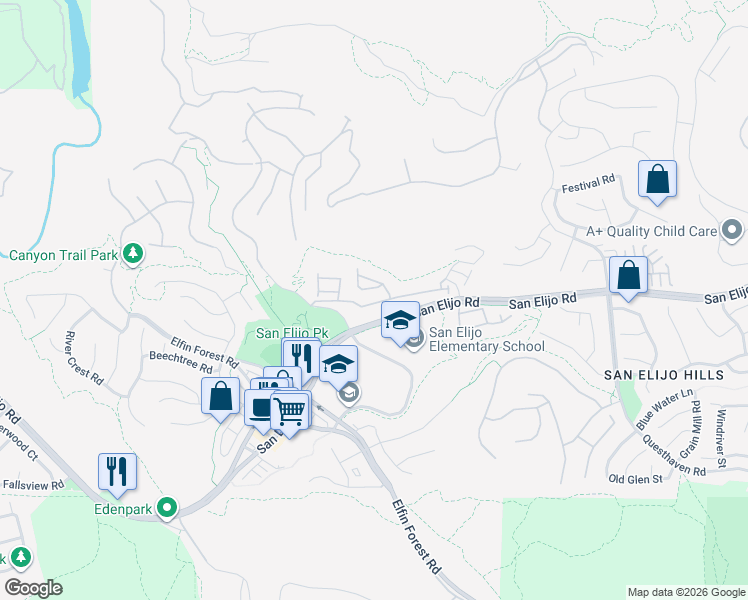 map of restaurants, bars, coffee shops, grocery stores, and more near 1282 Highbluff Avenue in San Marcos