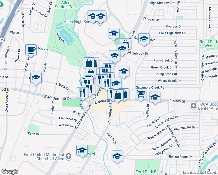 map of restaurants, bars, coffee shops, grocery stores, and more near 206 North Greenville Avenue in Allen