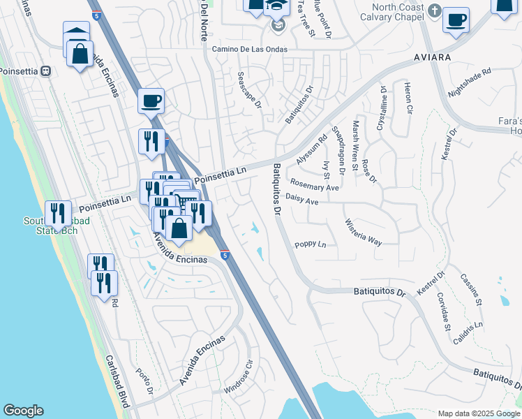map of restaurants, bars, coffee shops, grocery stores, and more near 7112 Lantana Terrace in Carlsbad