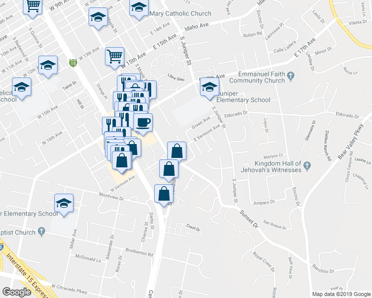 map of restaurants, bars, coffee shops, grocery stores, and more near 137 West Vermont Avenue in Escondido