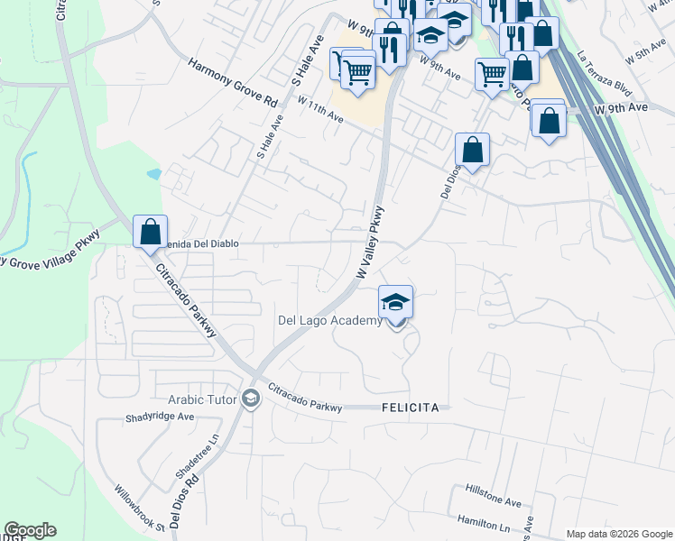 map of restaurants, bars, coffee shops, grocery stores, and more near 1466 Autumn Woods Place in Escondido