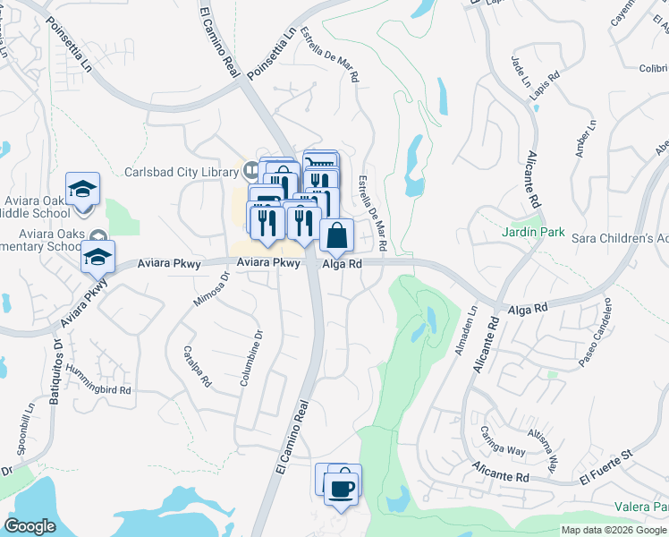 map of restaurants, bars, coffee shops, grocery stores, and more near 1901 Alga Road in Carlsbad