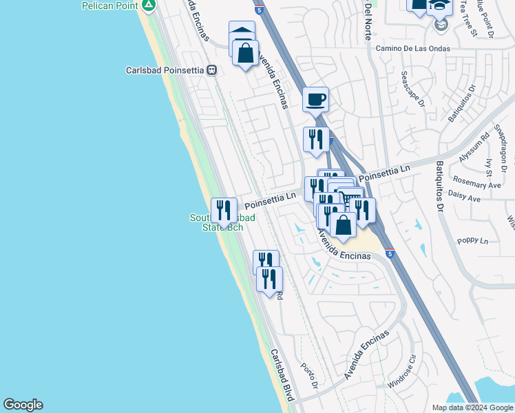 map of restaurants, bars, coffee shops, grocery stores, and more near 7027 Whitewater Street in Carlsbad