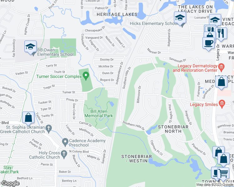 map of restaurants, bars, coffee shops, grocery stores, and more near 7200 Independence Drive in The Colony
