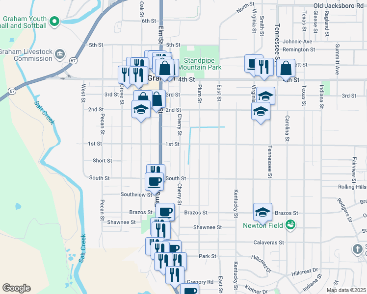 map of restaurants, bars, coffee shops, grocery stores, and more near 801 Cherry Street in Graham