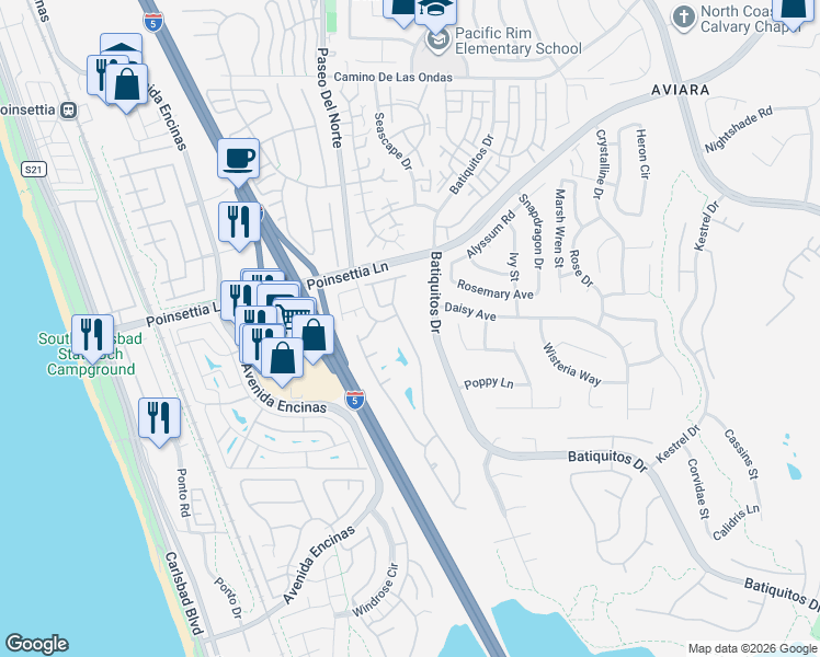 map of restaurants, bars, coffee shops, grocery stores, and more near 7112 Lantana Terrace in Carlsbad