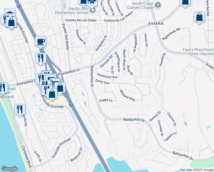 map of restaurants, bars, coffee shops, grocery stores, and more near 7104 Primrose Way in Carlsbad