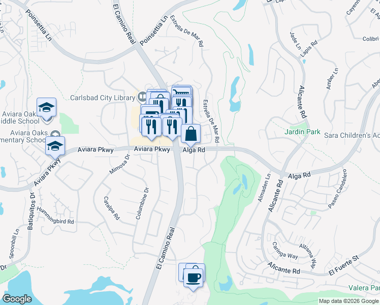 map of restaurants, bars, coffee shops, grocery stores, and more near 1901 Alga Road in Carlsbad