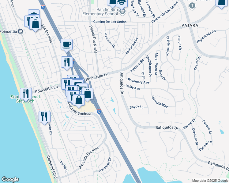 map of restaurants, bars, coffee shops, grocery stores, and more near 7112 Lantana Terrace in Carlsbad