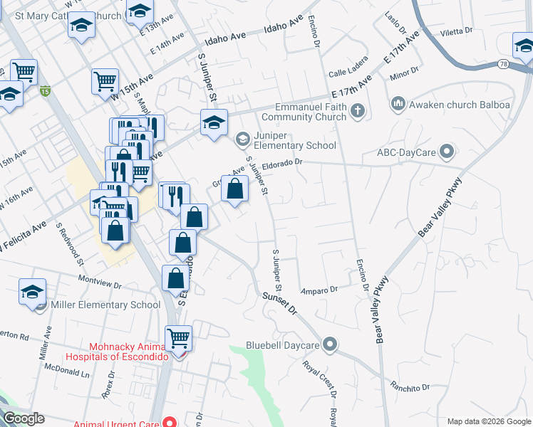 map of restaurants, bars, coffee shops, grocery stores, and more near 2011 South Juniper Street in Escondido