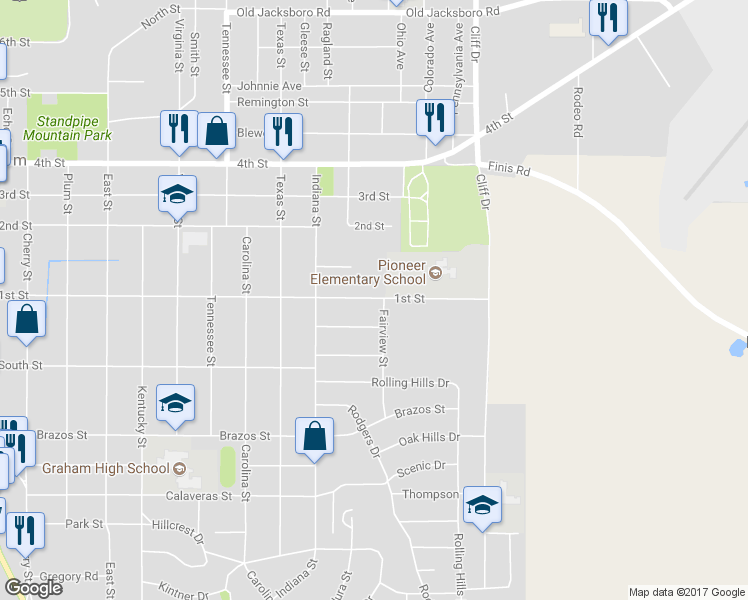 map of restaurants, bars, coffee shops, grocery stores, and more near 1330 1st Street in Graham