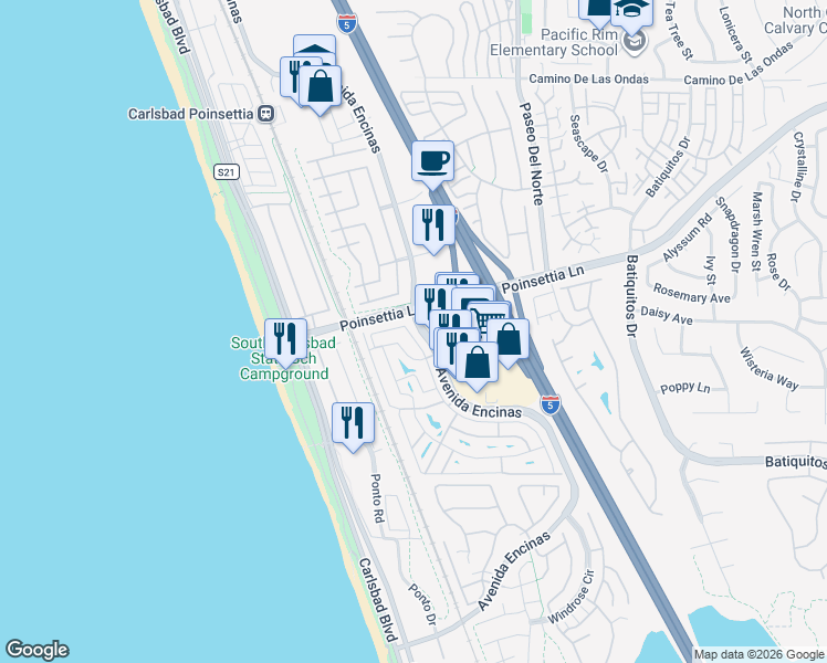 map of restaurants, bars, coffee shops, grocery stores, and more near 7024 San Bartolo Street in Carlsbad