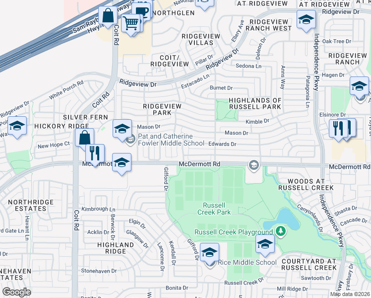 map of restaurants, bars, coffee shops, grocery stores, and more near 9012 Culberson Drive in Plano