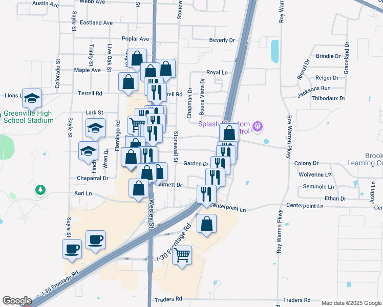 map of restaurants, bars, coffee shops, grocery stores, and more near 2511 Broadview Street in Greenville