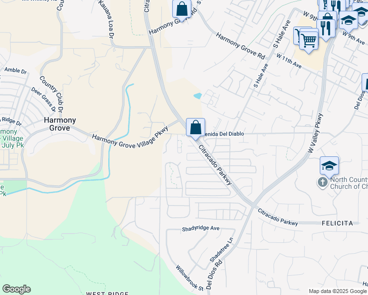 map of restaurants, bars, coffee shops, grocery stores, and more near 1849 Shadow Glen in Escondido