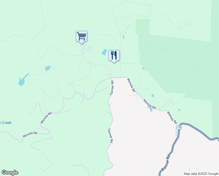 map of restaurants, bars, coffee shops, grocery stores, and more near 1326 Farmer Road in Julian