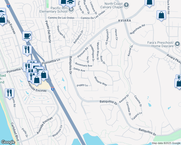 map of restaurants, bars, coffee shops, grocery stores, and more near 931 Daisy Avenue in Carlsbad