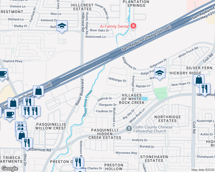 map of restaurants, bars, coffee shops, grocery stores, and more near 4588 Refugio Drive in Plano