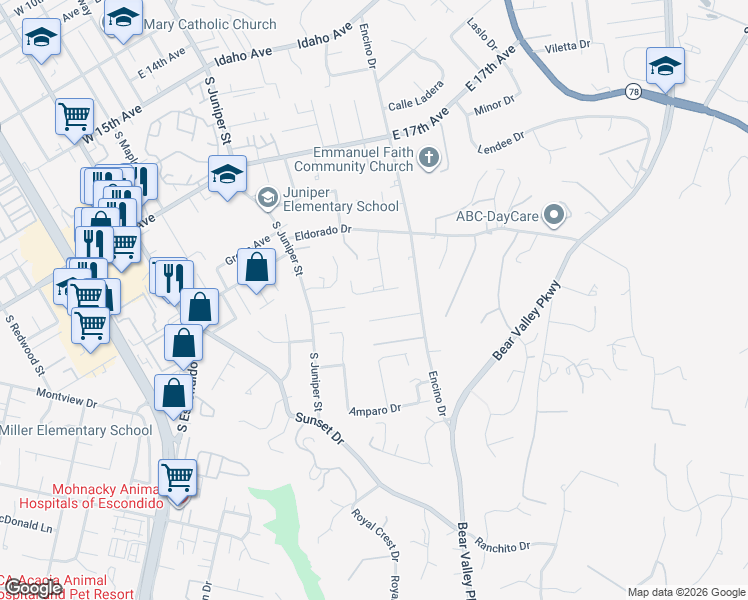 map of restaurants, bars, coffee shops, grocery stores, and more near 419 Condado Way in Escondido