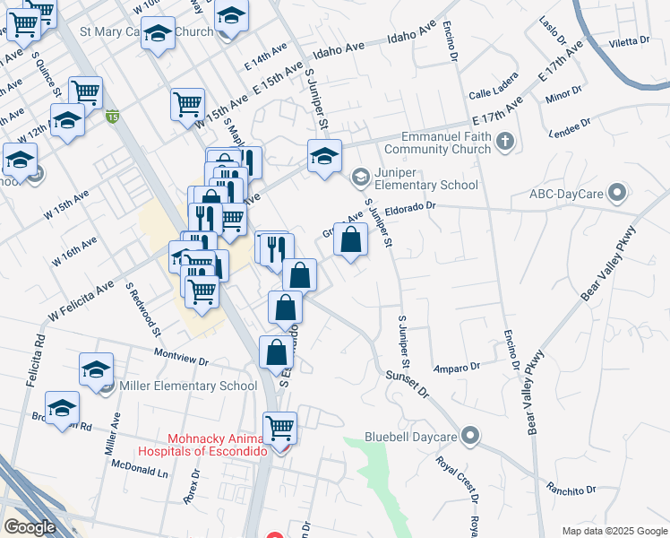 map of restaurants, bars, coffee shops, grocery stores, and more near 137 West Vermont Avenue in Escondido