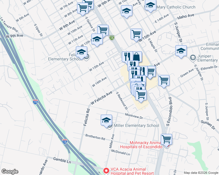 map of restaurants, bars, coffee shops, grocery stores, and more near 715 Redwood Place in Escondido