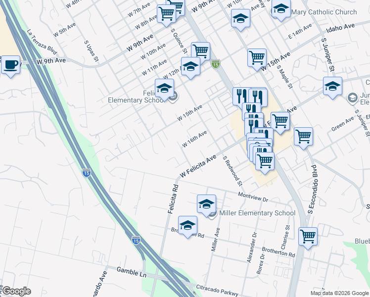map of restaurants, bars, coffee shops, grocery stores, and more near 1603 South Tulip Street in Escondido