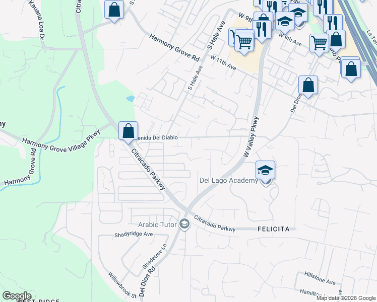 map of restaurants, bars, coffee shops, grocery stores, and more near 2203 Avenida Del Diablo in Escondido