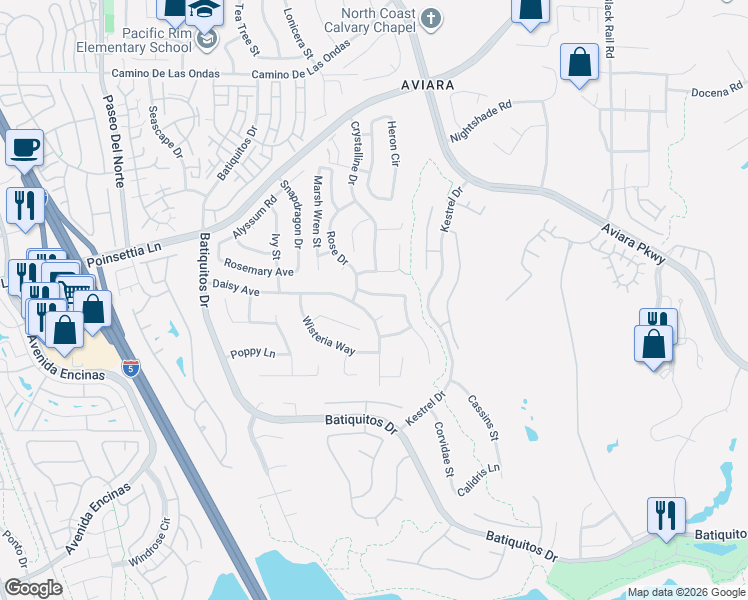 map of restaurants, bars, coffee shops, grocery stores, and more near 7104 Rose Drive in Carlsbad