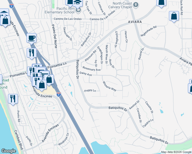 map of restaurants, bars, coffee shops, grocery stores, and more near 931 Daisy Avenue in Carlsbad