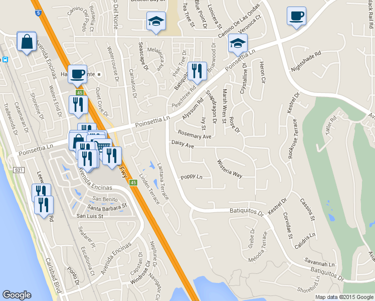 map of restaurants, bars, coffee shops, grocery stores, and more near 7104 Primrose Way in Carlsbad