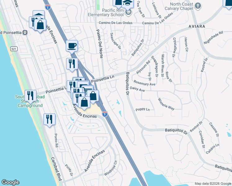 map of restaurants, bars, coffee shops, grocery stores, and more near 7112 Lantana Terrace in Carlsbad