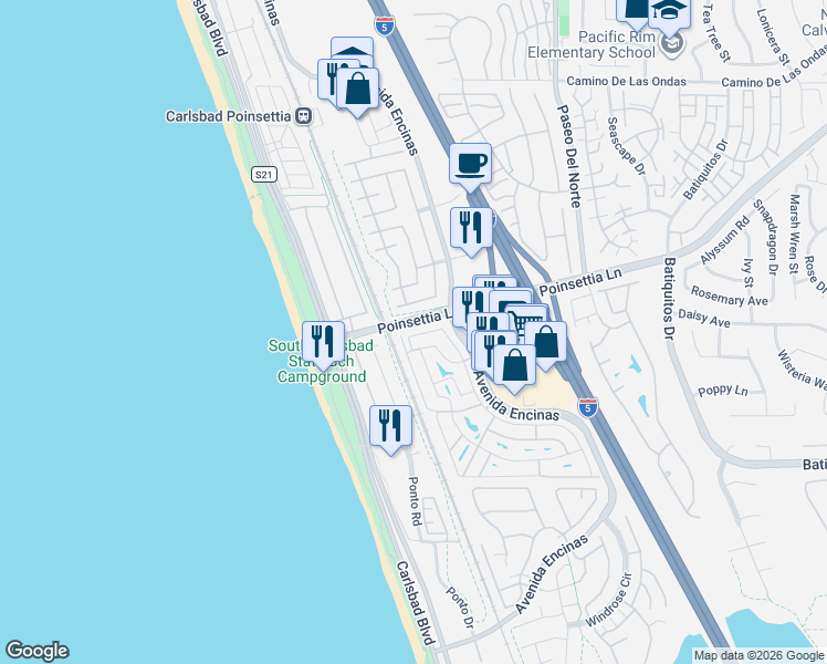 map of restaurants, bars, coffee shops, grocery stores, and more near 7018 San Carlos Street in Carlsbad