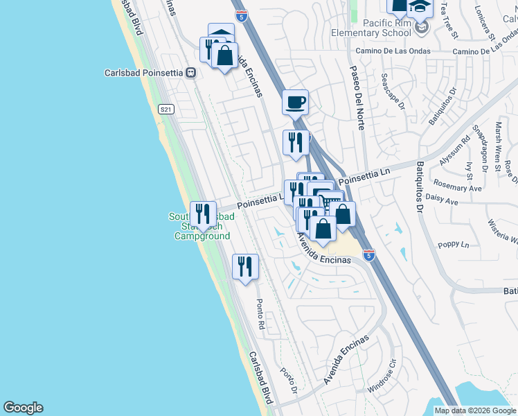 map of restaurants, bars, coffee shops, grocery stores, and more near 7018 San Carlos Street in Carlsbad
