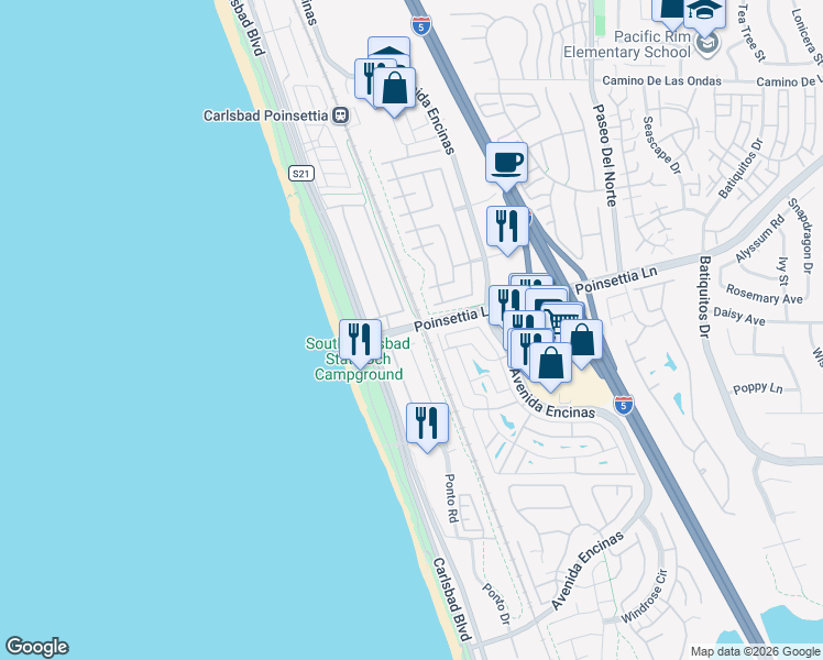 map of restaurants, bars, coffee shops, grocery stores, and more near 7027 Whitewater Street in Carlsbad