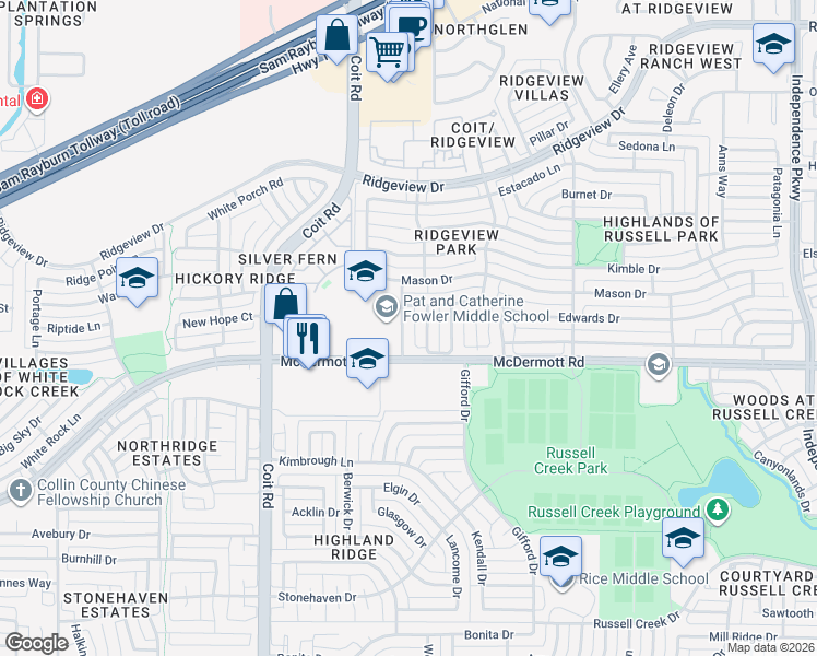 map of restaurants, bars, coffee shops, grocery stores, and more near 3801 McDermott Road in Plano