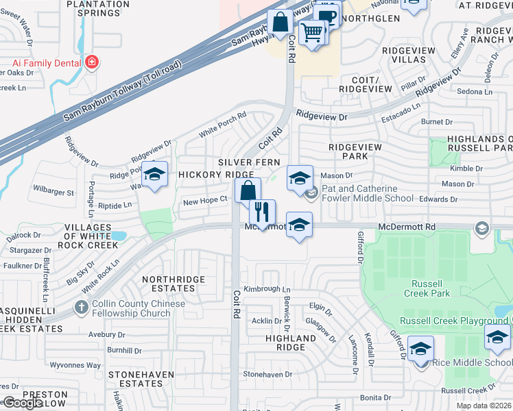 map of restaurants, bars, coffee shops, grocery stores, and more near 9000-9062 Coit Rd in Plano