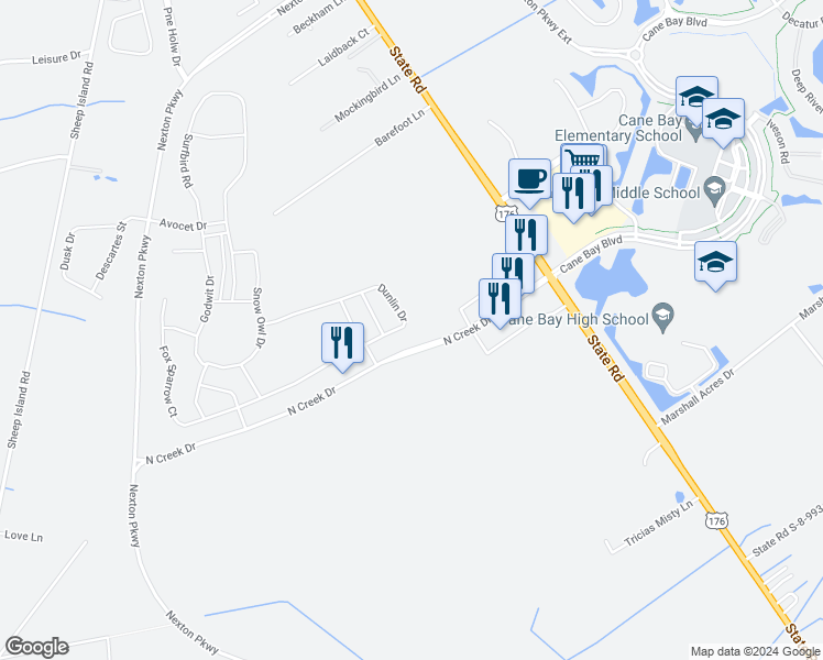 map of restaurants, bars, coffee shops, grocery stores, and more near 319 Dunlin Drive in Summerville