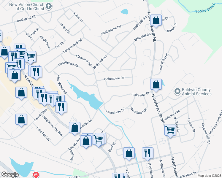 map of restaurants, bars, coffee shops, grocery stores, and more near 1615 Stone Meadow Road in Milledgeville
