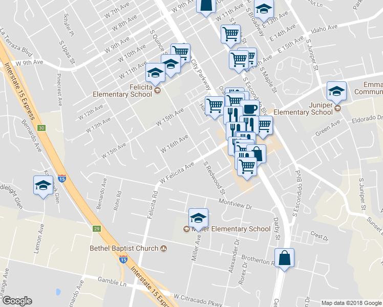 map of restaurants, bars, coffee shops, grocery stores, and more near 715 Redwood Place in Escondido