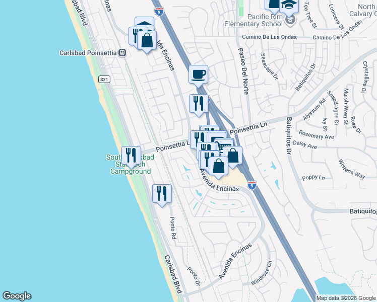 map of restaurants, bars, coffee shops, grocery stores, and more near 7024 San Bartolo Street in Carlsbad