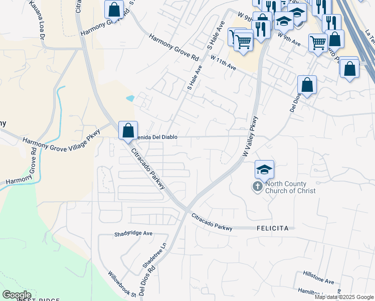 map of restaurants, bars, coffee shops, grocery stores, and more near 2203 Avenida Del Diablo in Escondido