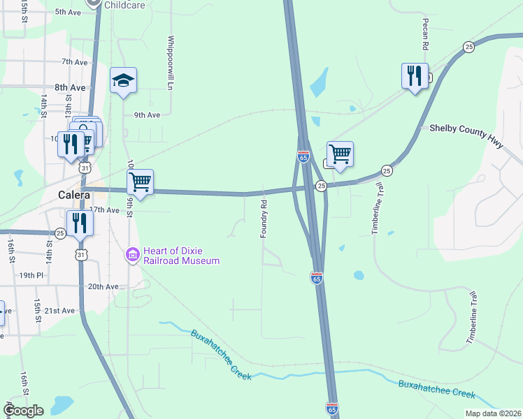map of restaurants, bars, coffee shops, grocery stores, and more near 50 Foundry Road in Calera