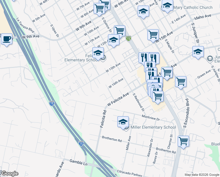 map of restaurants, bars, coffee shops, grocery stores, and more near 1603 South Tulip Street in Escondido