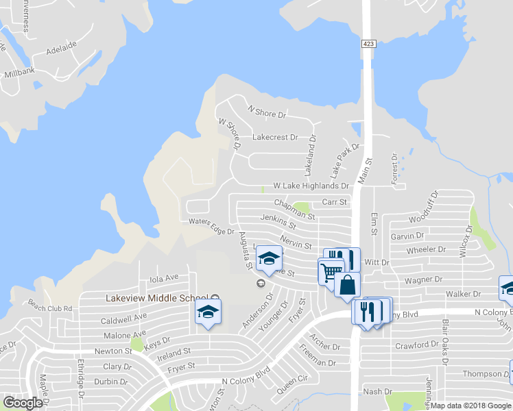 map of restaurants, bars, coffee shops, grocery stores, and more near 4423 Chapman Street in The Colony